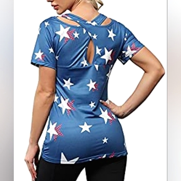 ☆NWT☆Women's Crisscross Back Moisture Wicking Star Print Short Sleeve Yoga Tee★ - Picture 1 of 11